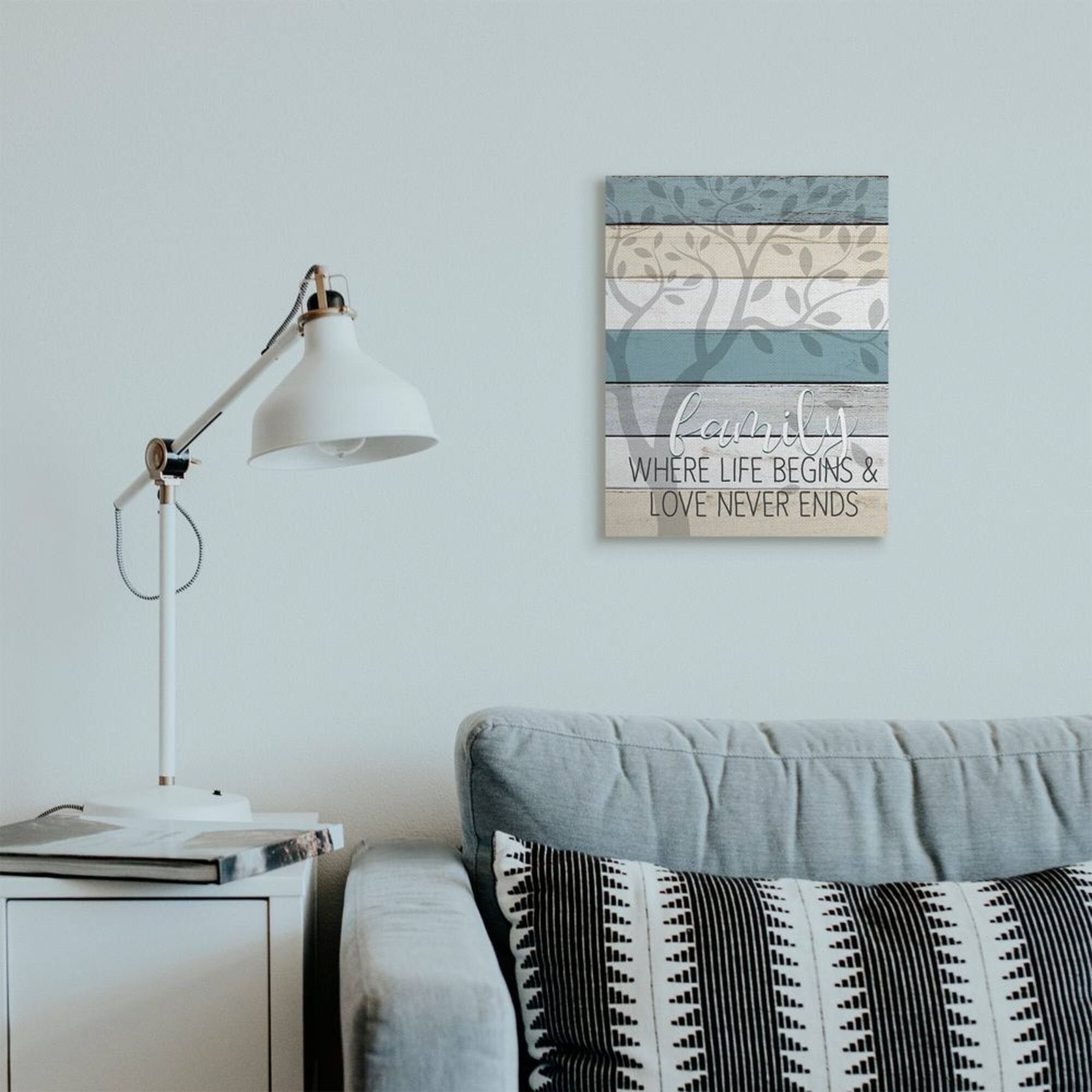 Stupell Industries Family Begin and End Quote Tree Wood Grain Blue Tan Phrase Canvas Wall Art